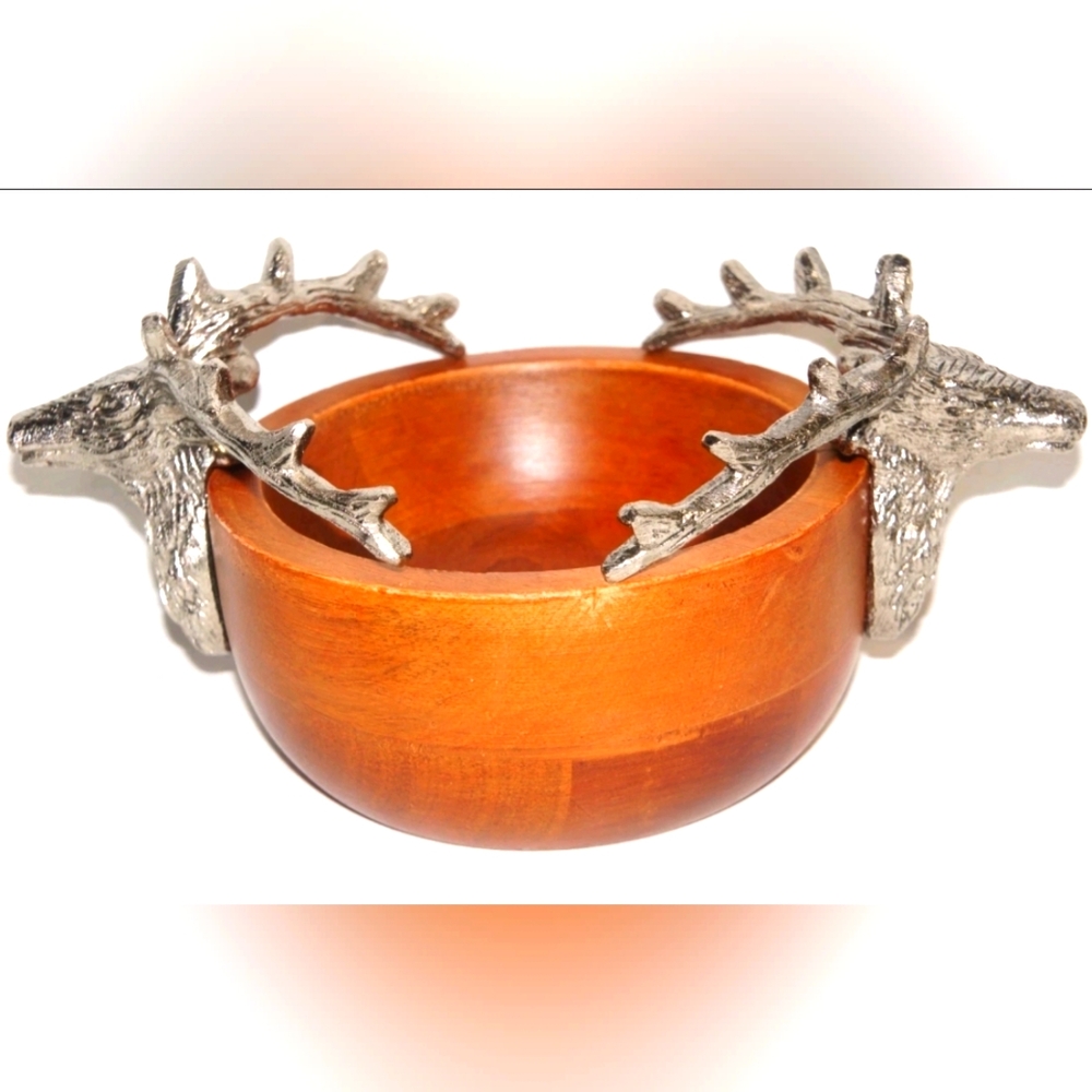 Vintage - Hardwood Pedestal Bowl with Deer Stag Head w/Antlers